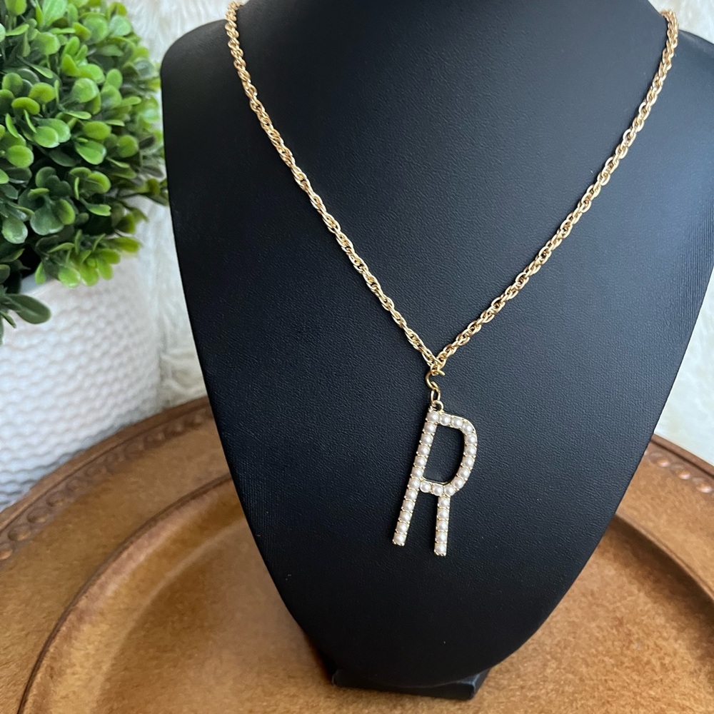 Faux pearl monogram R initial statement Necklace